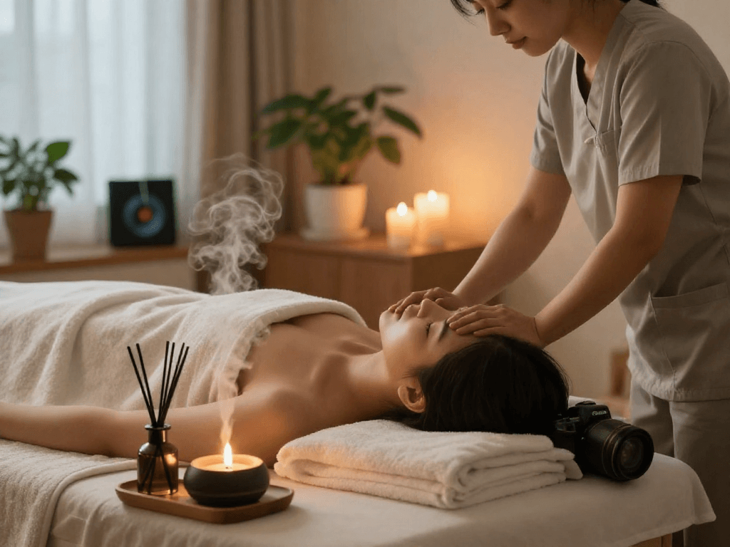마포출장마사지 session in a calm home environment featuring soothing lighting and relaxation elements.