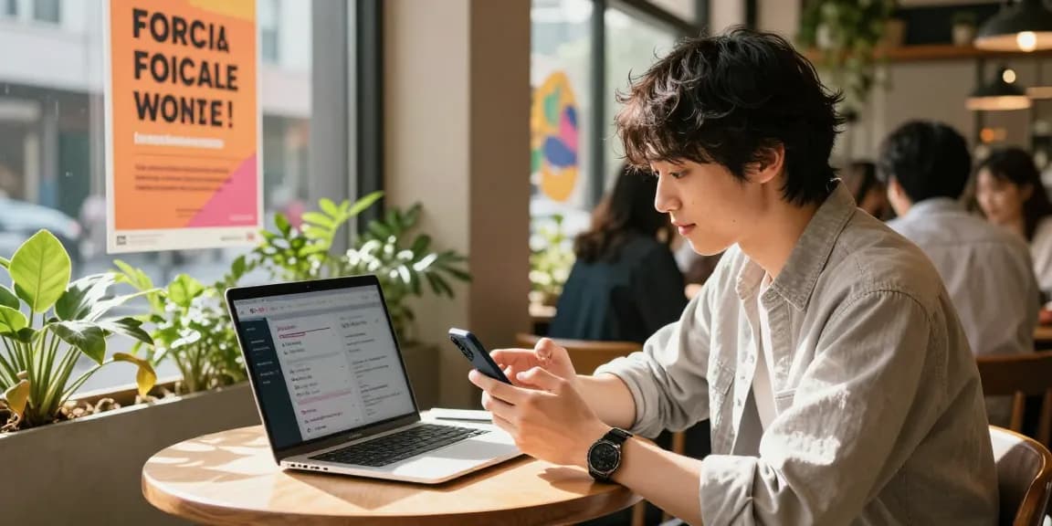 Threads フォロワー 購入のためのSNSマーケティングを行う若い起業家のカフェシーン