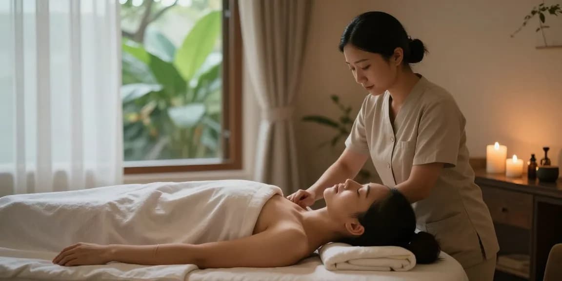 출장안마 therapy session in a tranquil wellness center with relaxing ambiance and natural lighting.