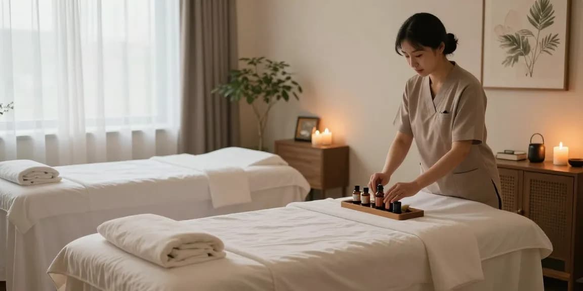하남출장마사지 session setup in a serene spa room with calming elements and inviting atmosphere.
