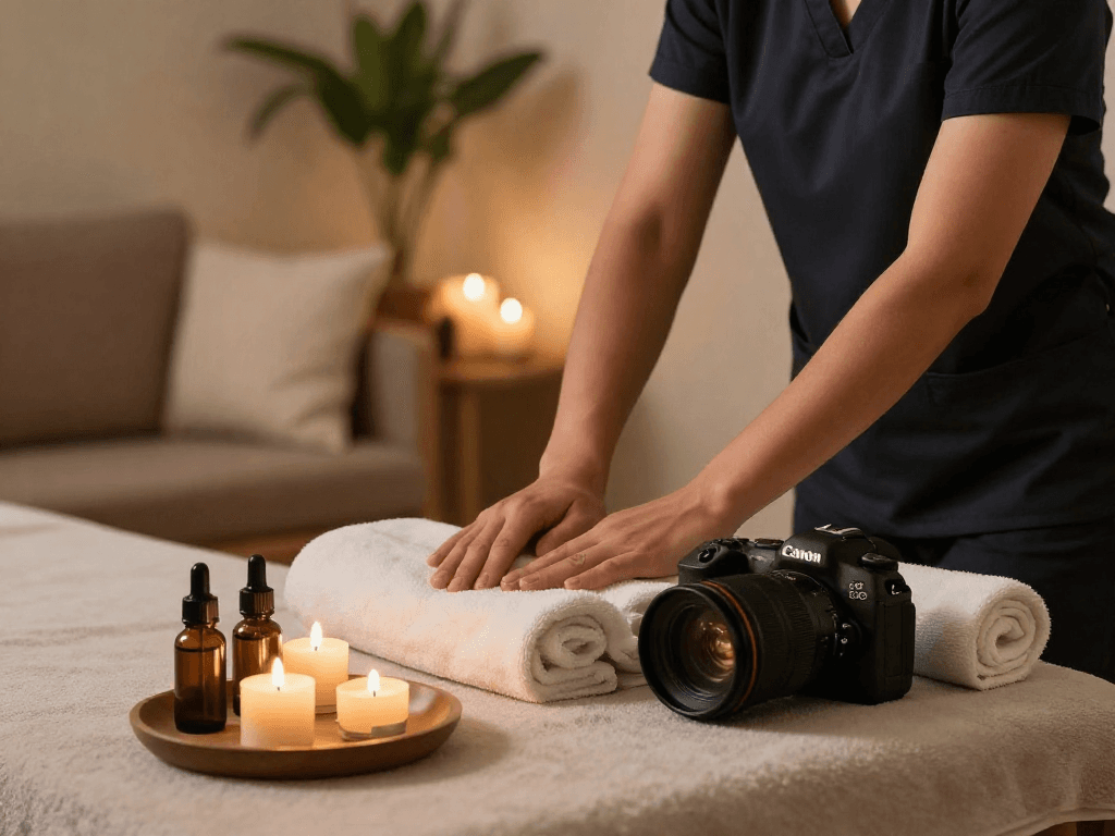 Relaxing 성남출장마사지 home environment with therapist and soothing ambiance.