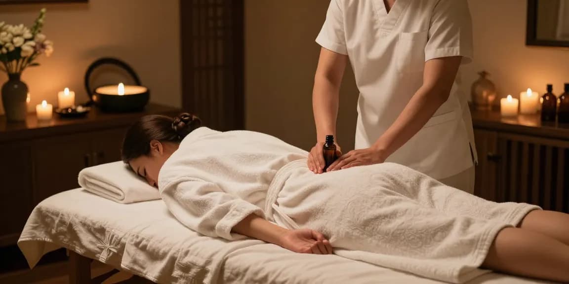 안양출장안마를 위한 고급스러운 마사지 치료 장면, 아늑한 호텔 방에서 준비하는 관리사와 편안한 분위기