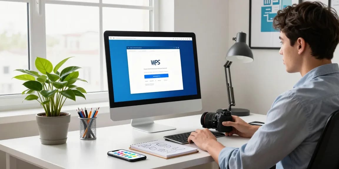 WPS Download webpage on modern computer in a bright home office workspace.