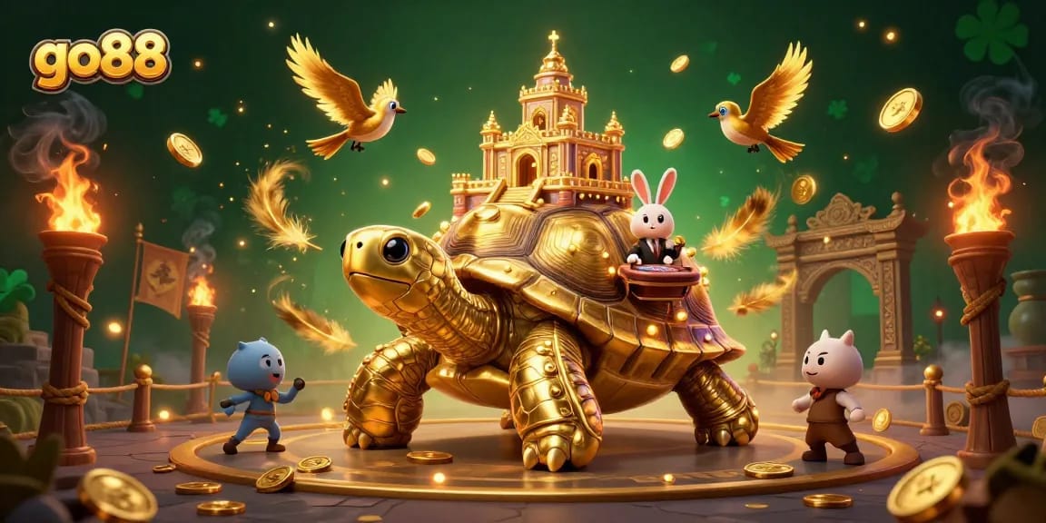 Spin the reels with go88 in this vibrant, cartoonish casino scene featuring a golden tortoise.