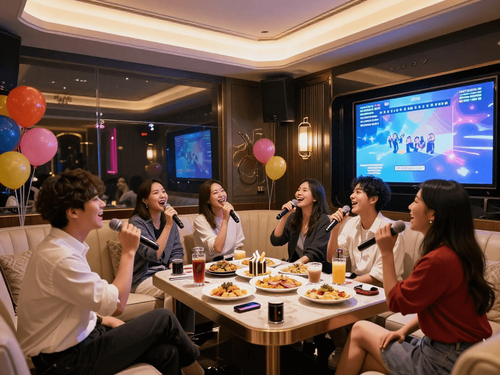 강남엘리트의 세련된 가라오케 룸에서 친구들이 즐겁게 노래하는 모습