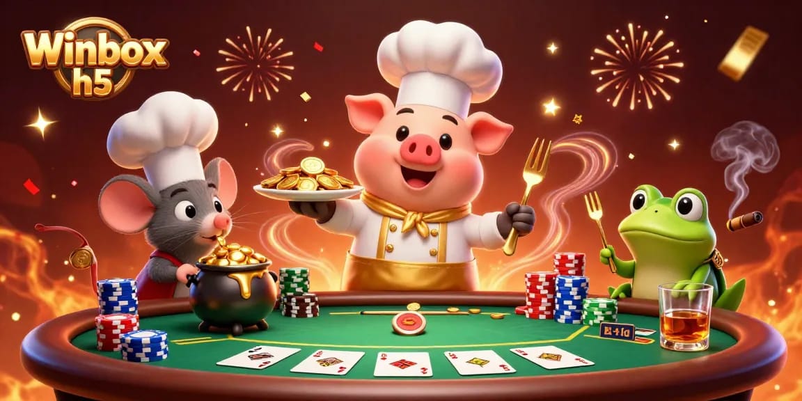 Experience thrilling gameplay with Winbox h5, as colorful poker elements surround cartoon characters in vibrant casino action.