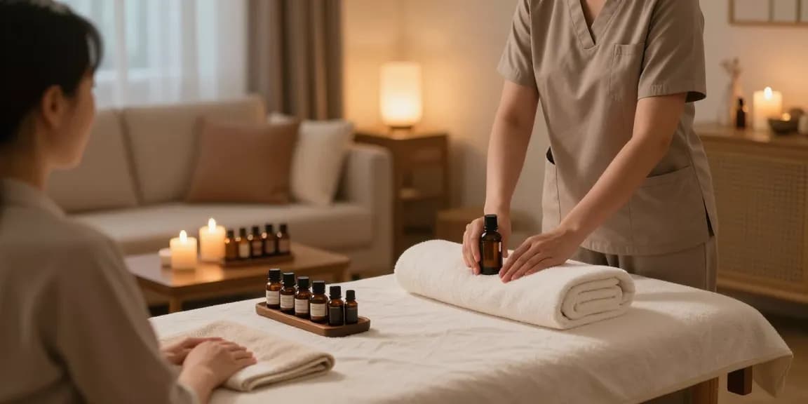 Relaxing home spa setup for 광명출장안마 with a professional masseuse preparing the massage space.