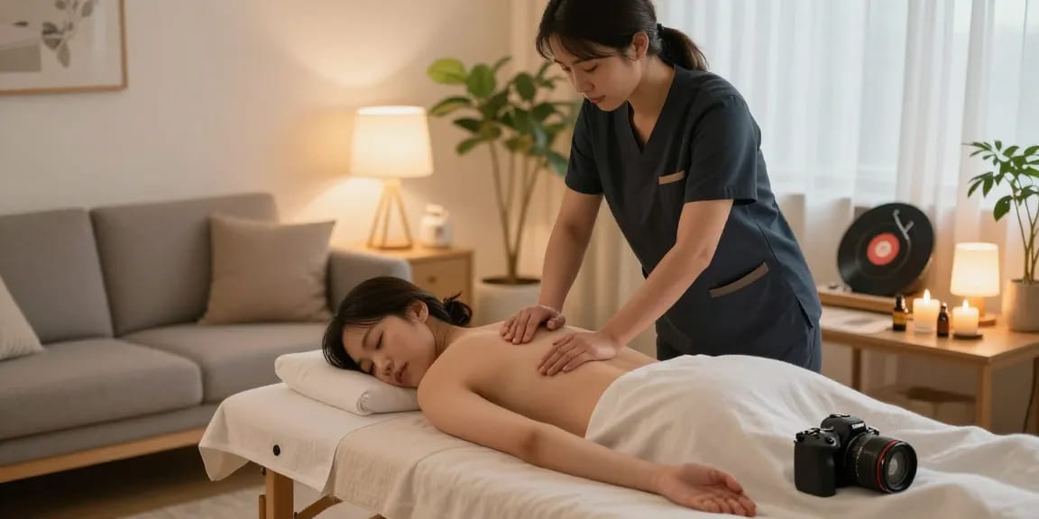 의정부출장마사지 중인 치료사와 편안한 마사지 테이블, 아늑한 분위기 연출