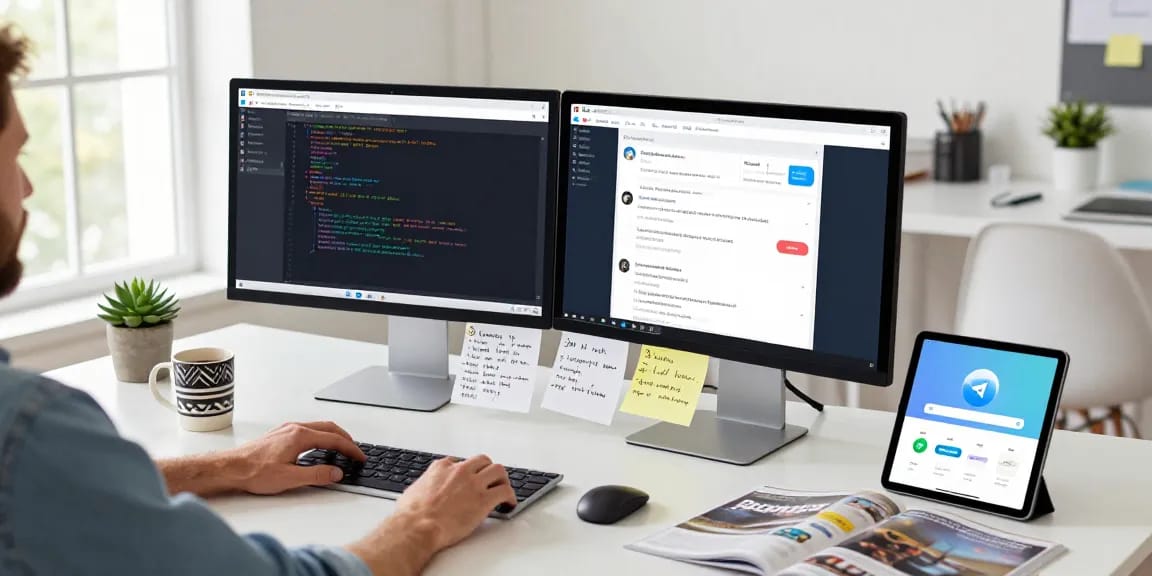 Utilizing the Telegram web version in a modern workspace environment with technology displays and productivity notes.