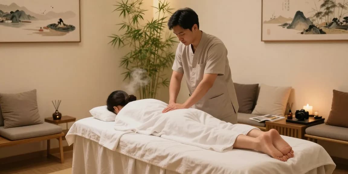 전주마사지 시술을 받고 있는 남성 고객과 마사지 테라피스트의 편안한 모습