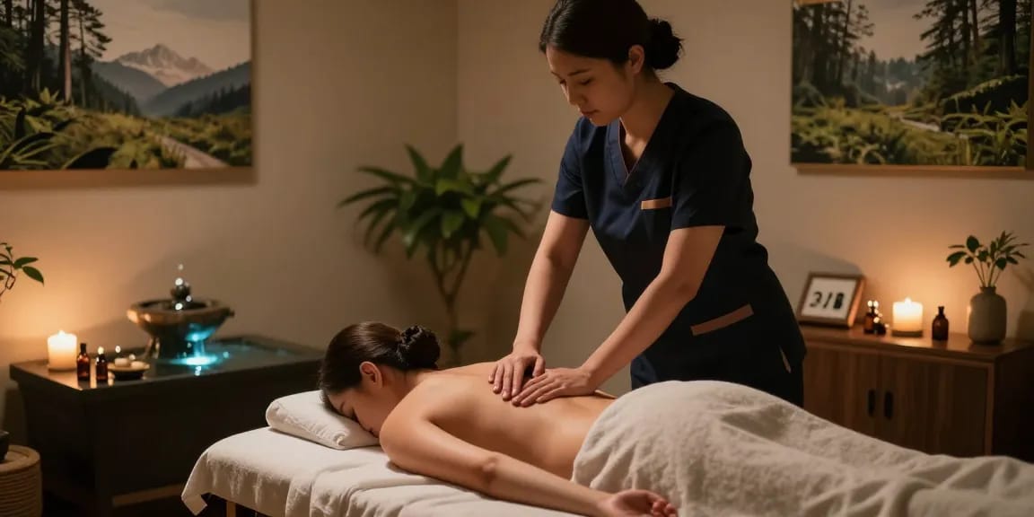마사지 치료를 받는 모습과 편안한 분위기를 가진 마사지 룸