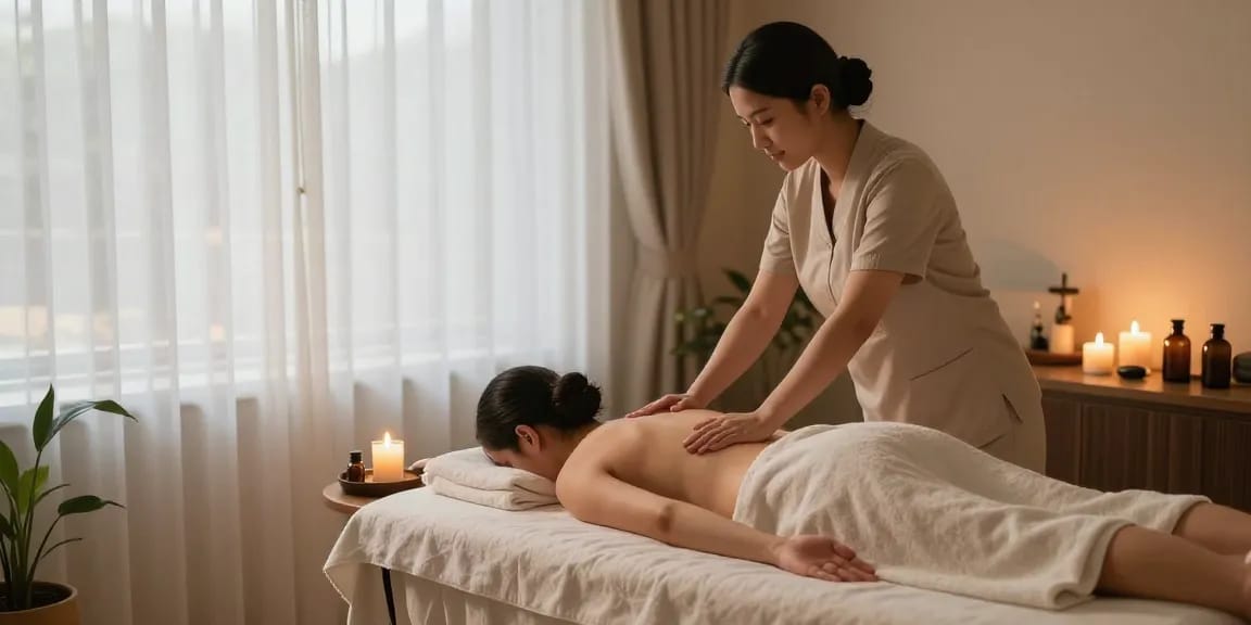 대전마사지 전문가가 편안한 마사지룸에서 고객에게 스웨디시 마사지를 제공하는 모습