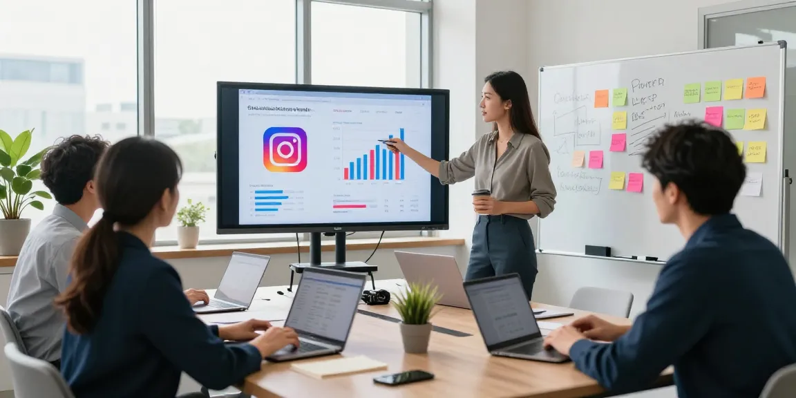 明るく現代的なオフィス環境で、instagramフォロワー購入の指標を向上させるために戦略を練るマーケティングチーム。