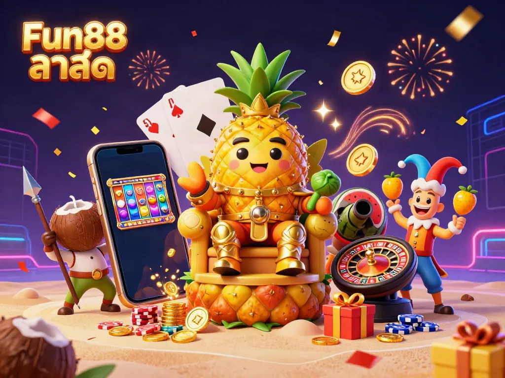 Experience the thrill of Fun88 ล่าสุด with a vibrant casino scene featuring a golden pineapple king and lively game elements.
