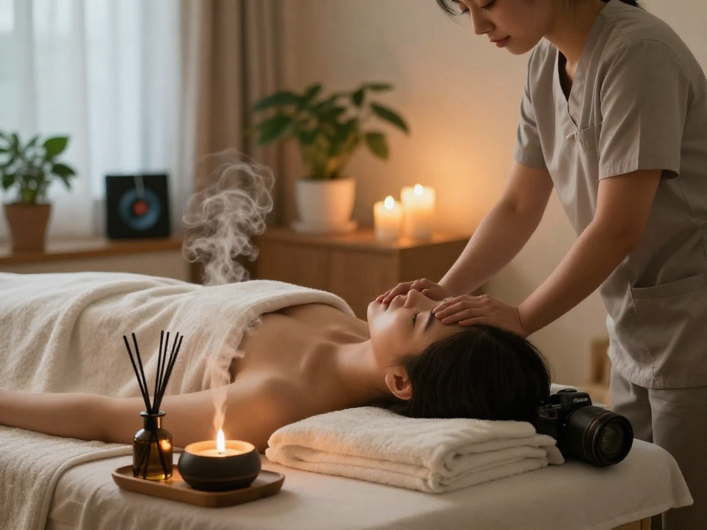 마포출장마사지 session in a calm home environment featuring soothing lighting and relaxation elements.