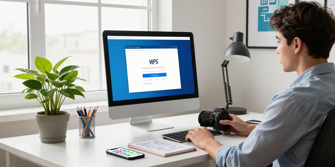 WPS Download webpage on modern computer in a bright home office workspace.