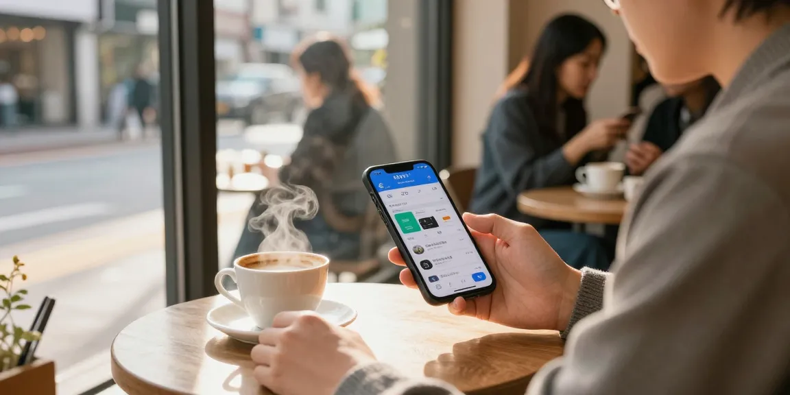 Engaging mobile app experience showcasing 오피코리아 OP services in a cozy urban café setting.