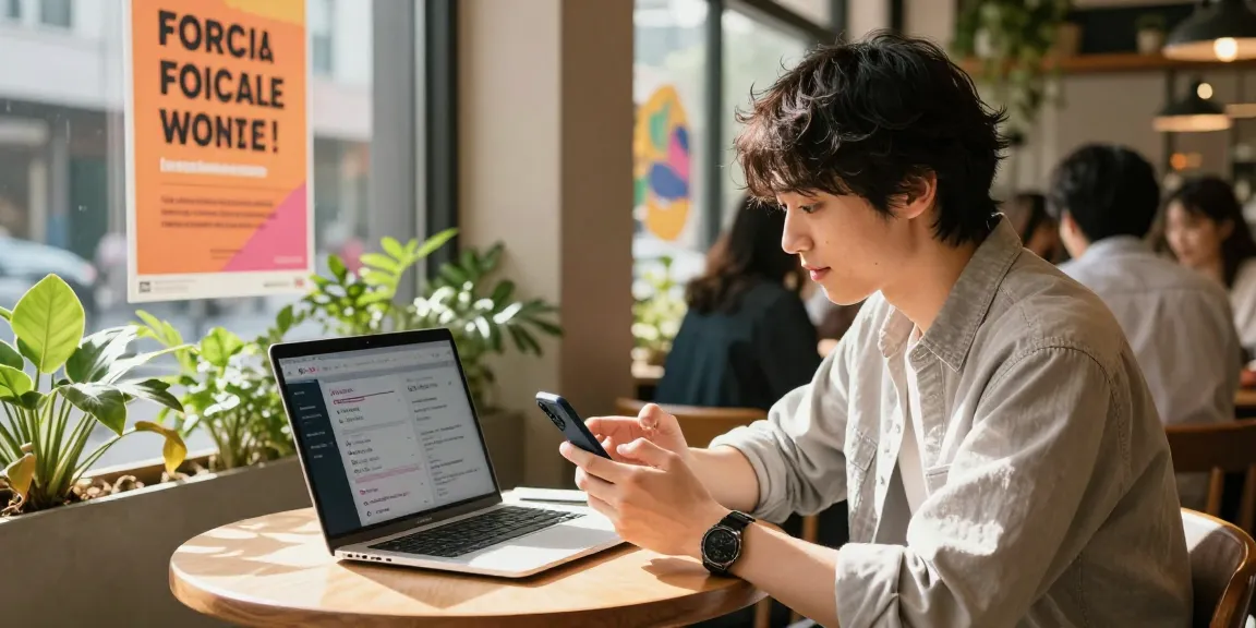 Threads フォロワー 購入のためのSNSマーケティングを行う若い起業家のカフェシーン