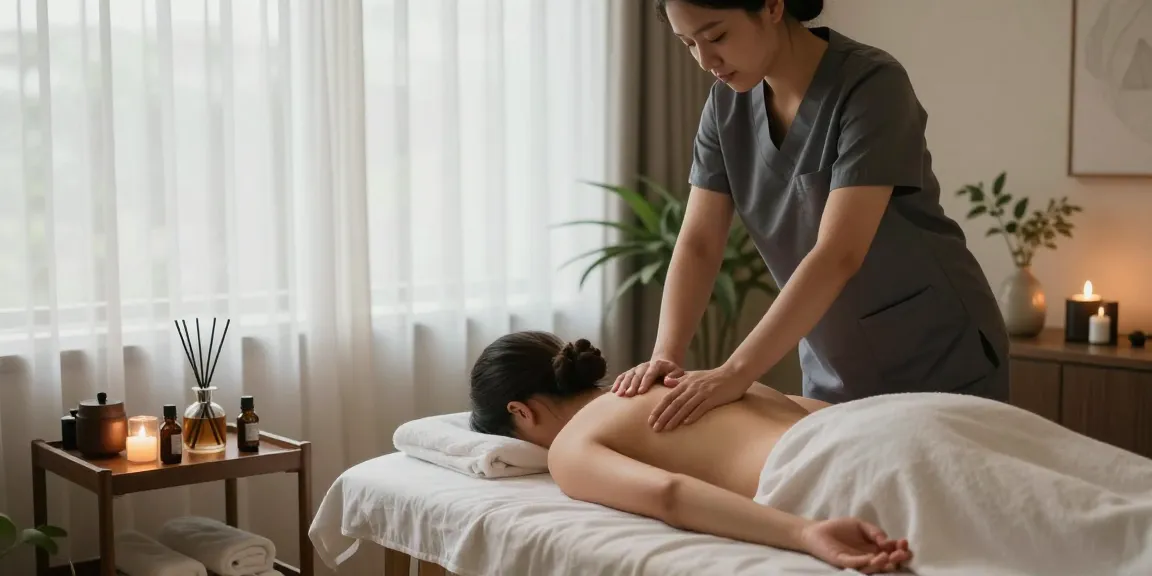 1인샵에서 편안한 마사지를 받는 모습과 아로마 테라피의 조화로운 분위기