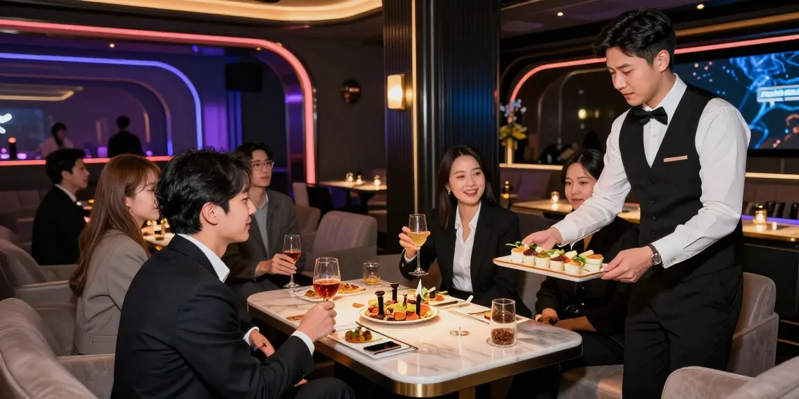강남 구구단의 세련된 내부에서 프로페셔널들이 음료를 즐기고 있는 모습