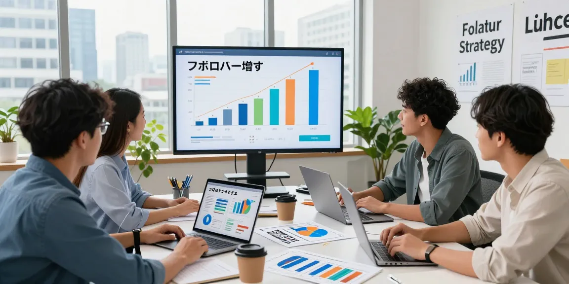 フロア内でチームが集まり、グラフを使ってフォロワー増やす戦略について話し合う活気のある会議室のシーン。