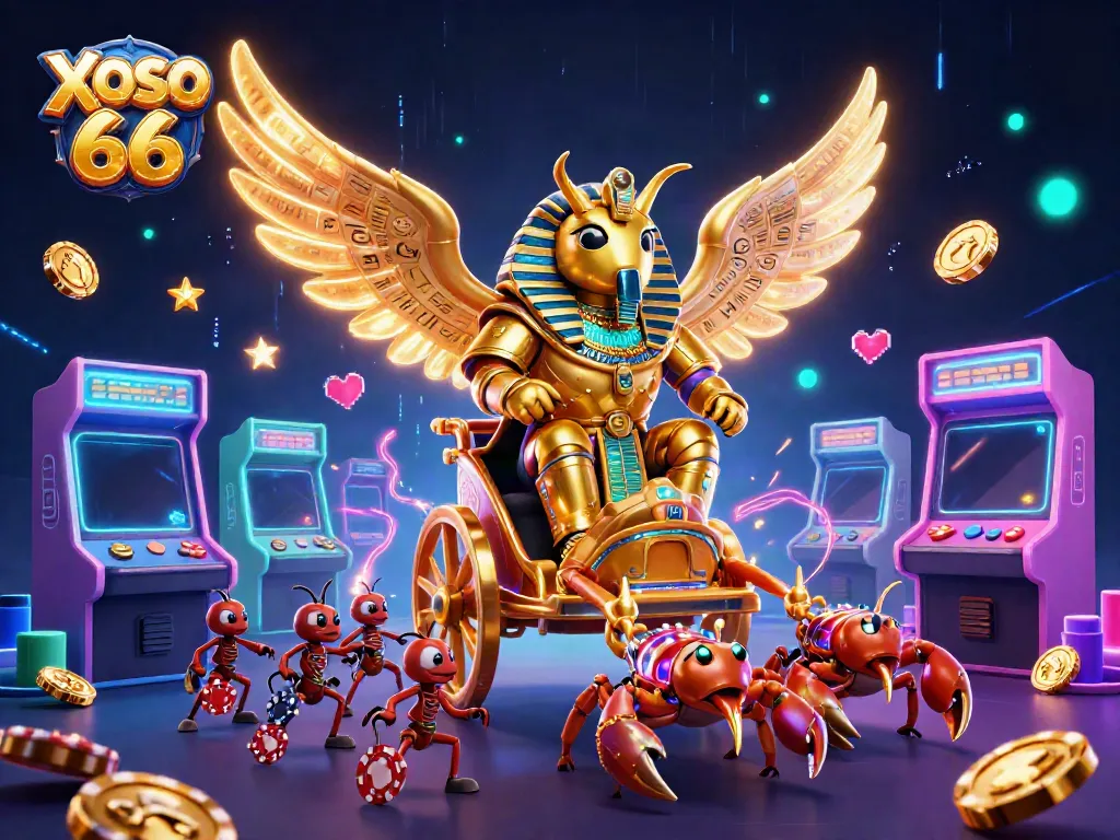 Engage with XOSO 66's vibrant casino world featuring a chariot pulled by jeweled scorpions and golden details.