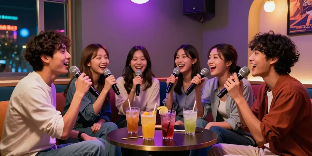강남도파민에서 노래를 즐기는 친구들, 화려한 조명과 음료가 있는 사적인 공간에서의 행복한 순간.