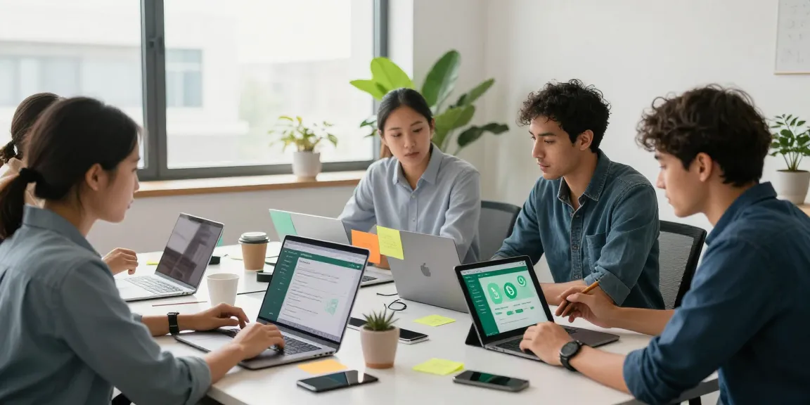 Team collaborating on WhatsApp網頁版 features in a modern workspace