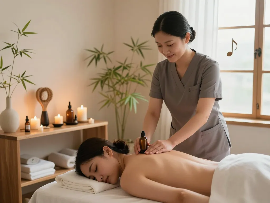 편안한 마사지 치료 세션으로, 에센셜 오일과 따뜻한 조명이 어우러진 오피스타 환경을 보여줍니다.