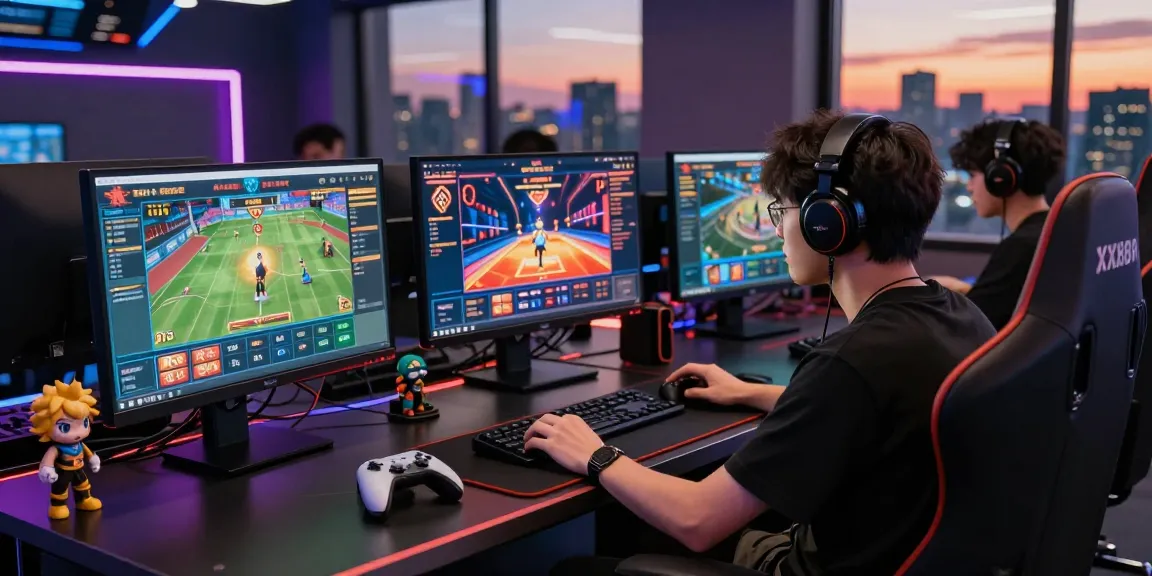 Player engaged in online casino games at https://xx88.se.net/ with multiple monitors, LED lights, and city skyline backdrop.