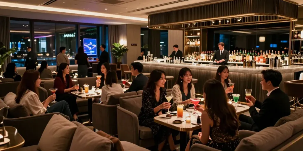 강남유앤미의 세련된 라운지에서 손님들이 음료를 즐기는 모습