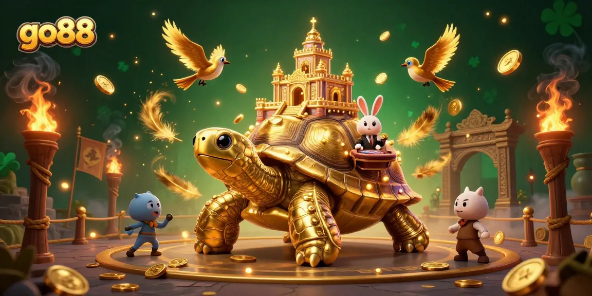 Spin the reels with go88 in this vibrant, cartoonish casino scene featuring a golden tortoise.