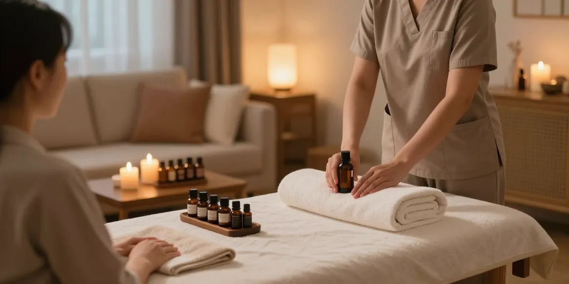 Relaxing home spa setup for 광명출장안마 with a professional masseuse preparing the massage space.