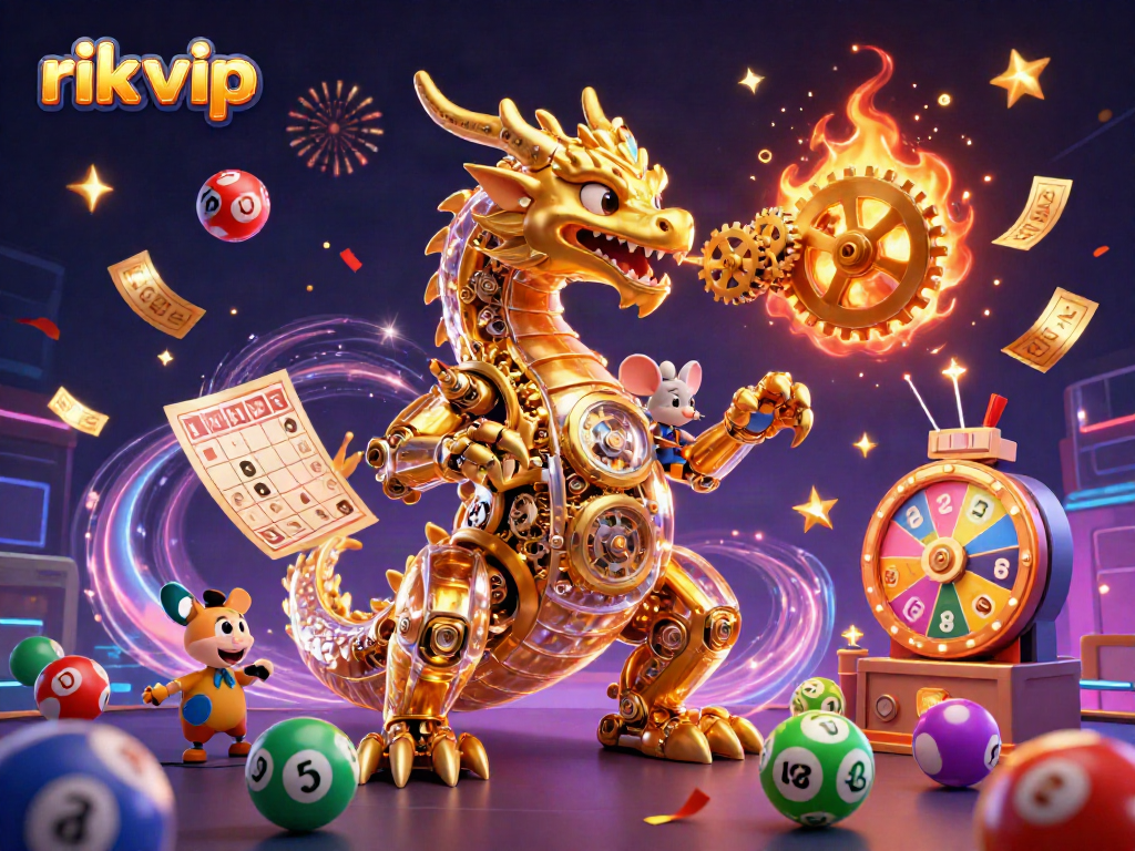 Experience the excitement of rik vip with a dynamic illustration featuring games, prizes, and vibrant energy.