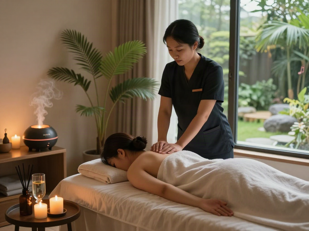 Soothing 남양주출장마사지 in a serene wellness spa, featuring calming ambiance and relaxation elements.