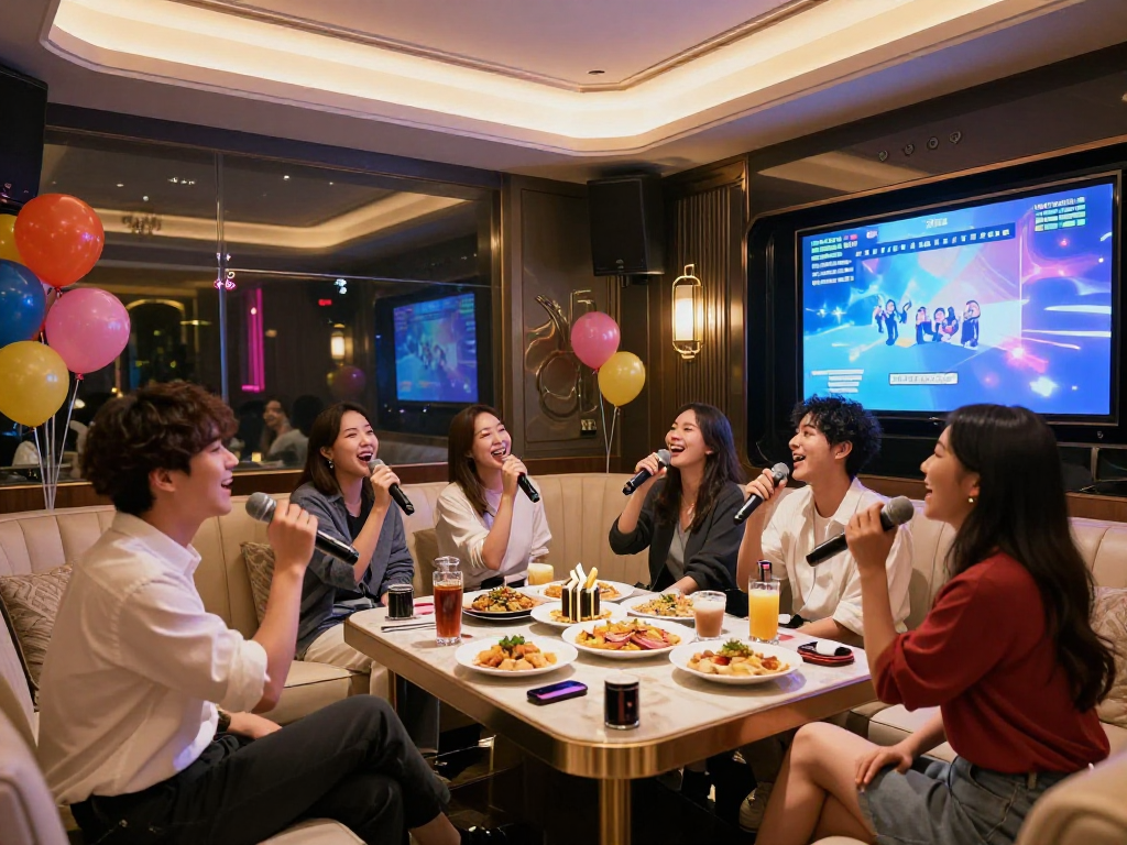 강남엘리트의 세련된 가라오케 룸에서 친구들이 즐겁게 노래하는 모습
