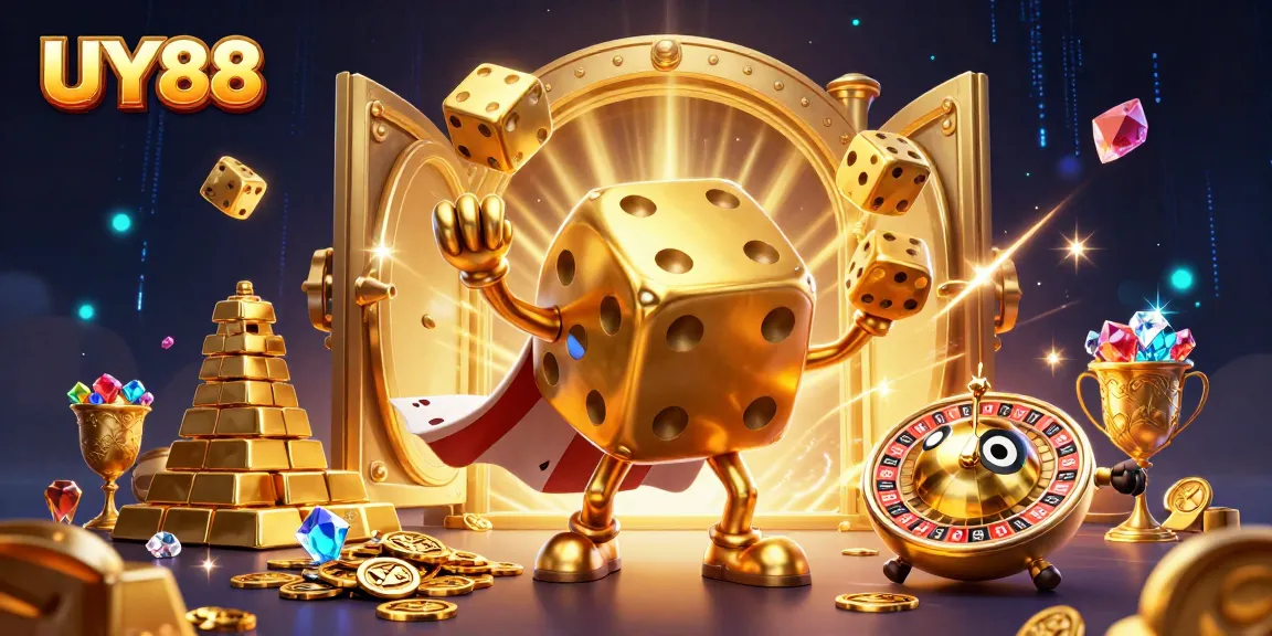 Engage with UY88's exciting casino offers alongside an animated golden dice golem and treasure
