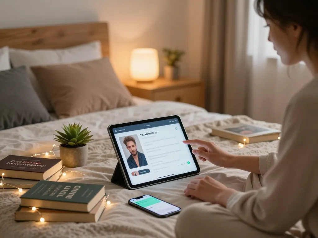 Engaging with AI sex assistant in cozy bedroom setting for intimate exploration.