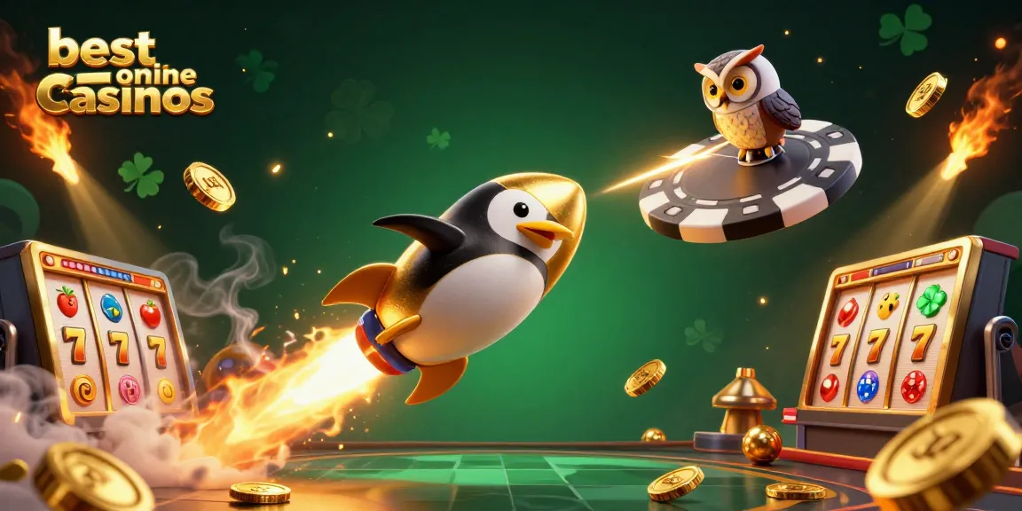 Experience the excitement of the best online casinos with this dynamic illustration featuring a golden penguin and casino elements.