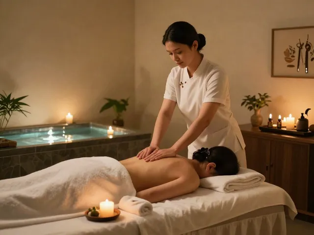 Relaxing 시흥출장안마 massage therapy scene with candles and essential oils.