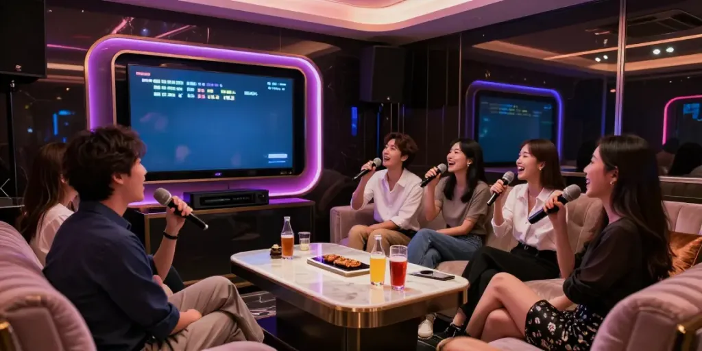 강남 달토의 고급스러운 노래방 내부, 친구들이 즐겁게 노래하는 모습