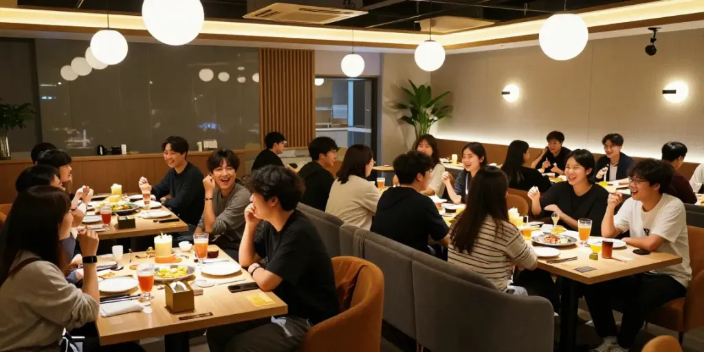 강남구구단에서 친구들과 즐거운 시간을 보내는 모습, 독립된 룸과 아늑한 조명.