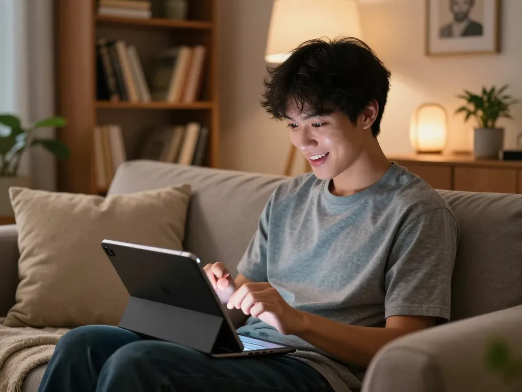 User interacting with an engaging nsfw chat bot on a tablet in a cozy home environment, reflecting modern digital interactions.