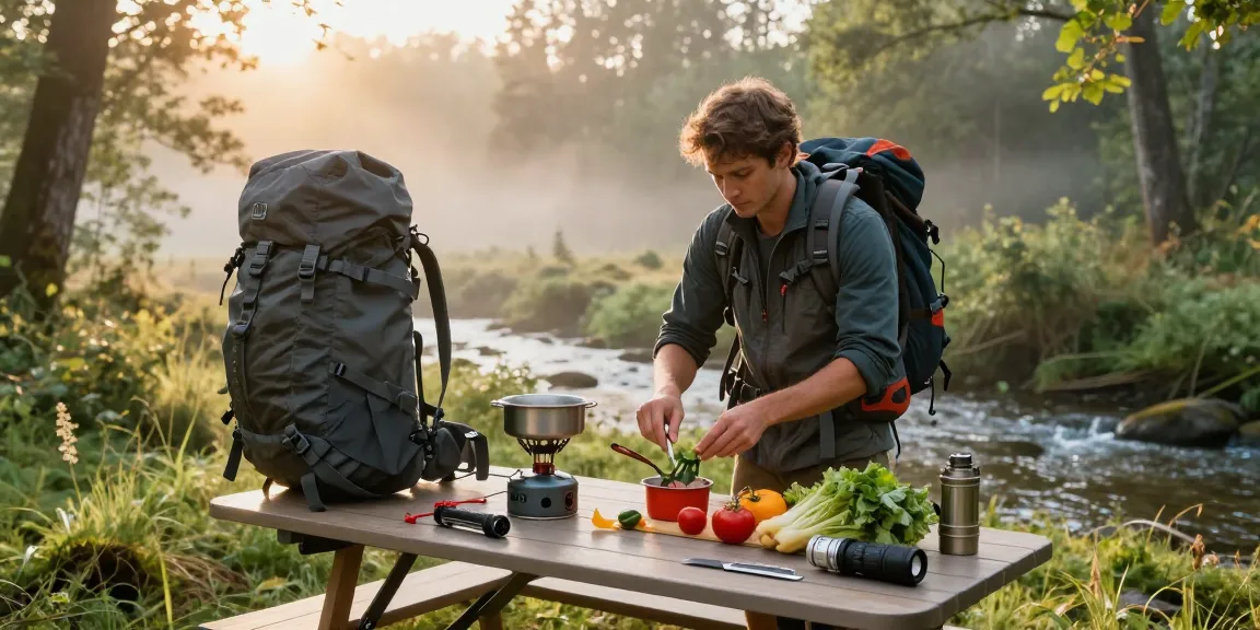 Adventurer preparing a meal at a campsite showcasing rokok88 gear and outdoor tools.