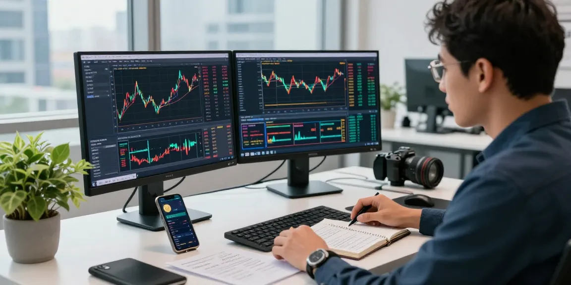 Experience professional trading with 업투익스체인지 in a modern office setting, showcasing real-time cryptocurrency analysis.