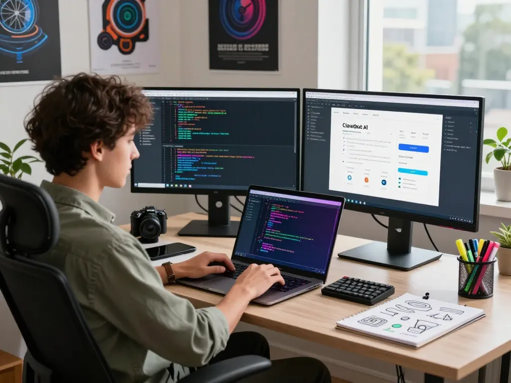 Software developer utilizing clawdbot ai in a vibrant coding workspace, showcasing dual monitors with automation tools.