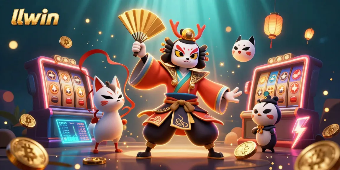 Engage in thrilling slot action with llwin and vibrant cartoon characters amid glowing crypto coins.