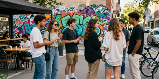 Young adults enjoying street style fashion in an urban setting, highlighting rokok88.