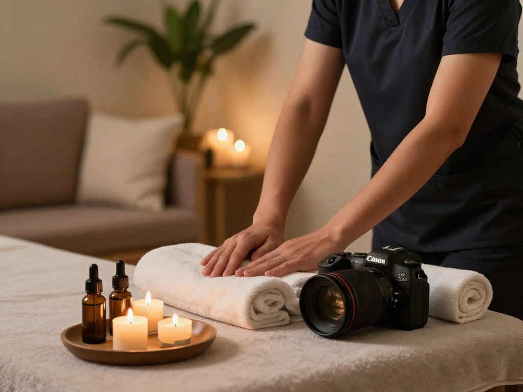 Relaxing 성남출장마사지 home environment with therapist and soothing ambiance.
