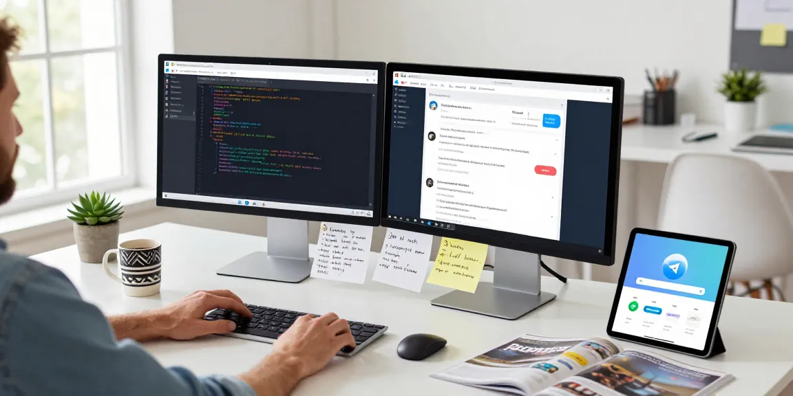 Utilizing the Telegram web version in a modern workspace environment with technology displays and productivity notes.